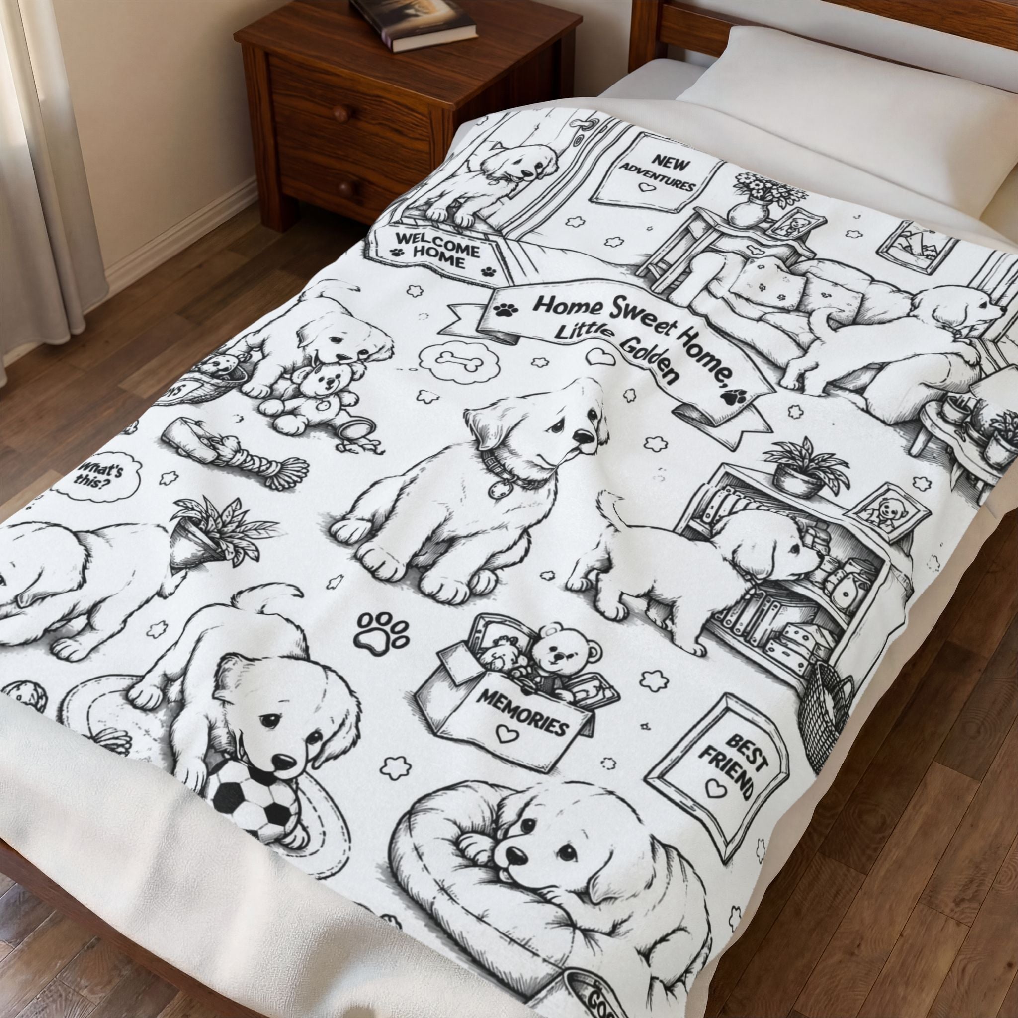 Welcome Home Little Golden — Adorable Puppy Adventure Velveteen Throw