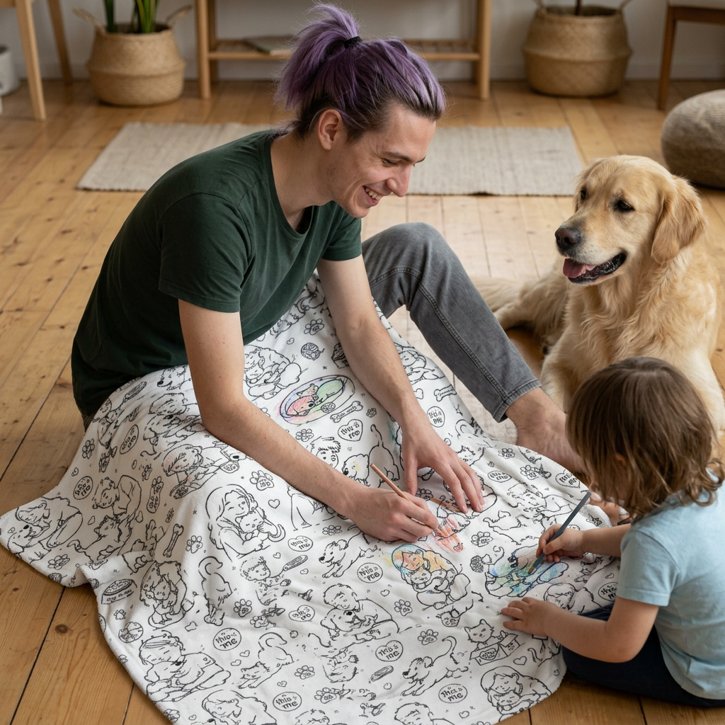 DIY Coloring Sherpa Blanket — Cozy Dog & Pet Pattern Fleece Throw for Adults & Kids