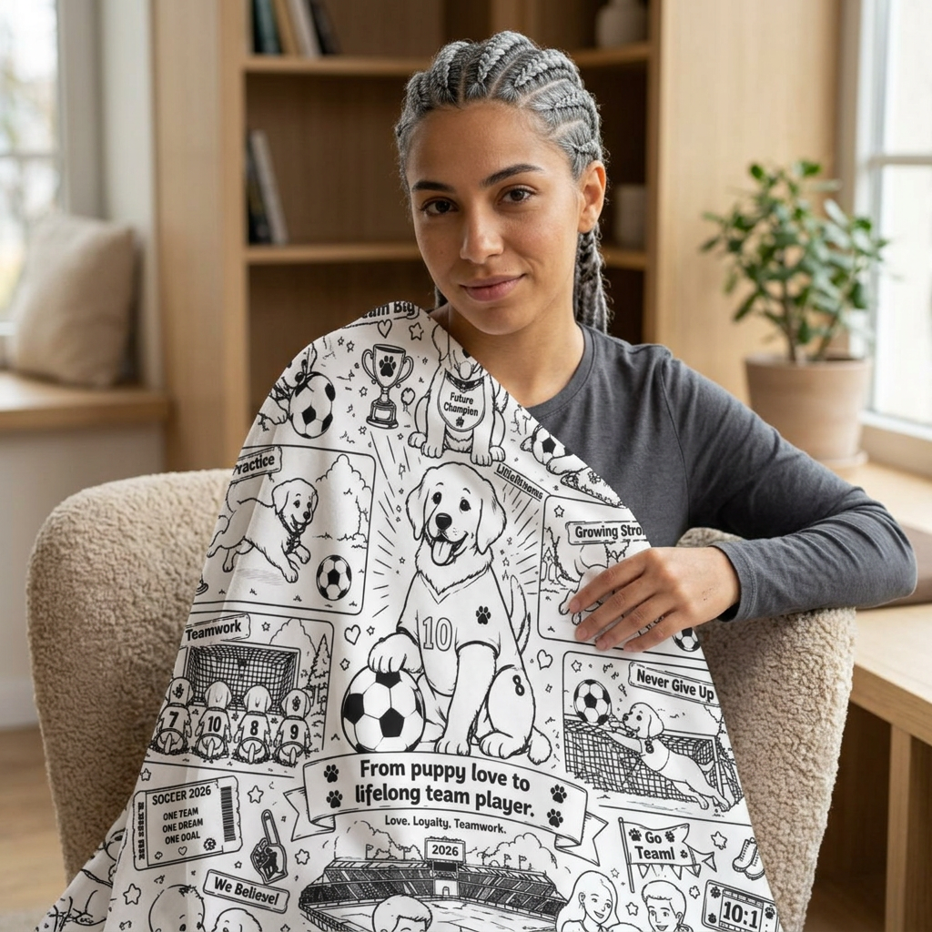Soccer Puppy Fleece Sherpa Blanket – 'From puppy love to a lifelong team player' Cozy Throw for Dog & Soccer Fans
