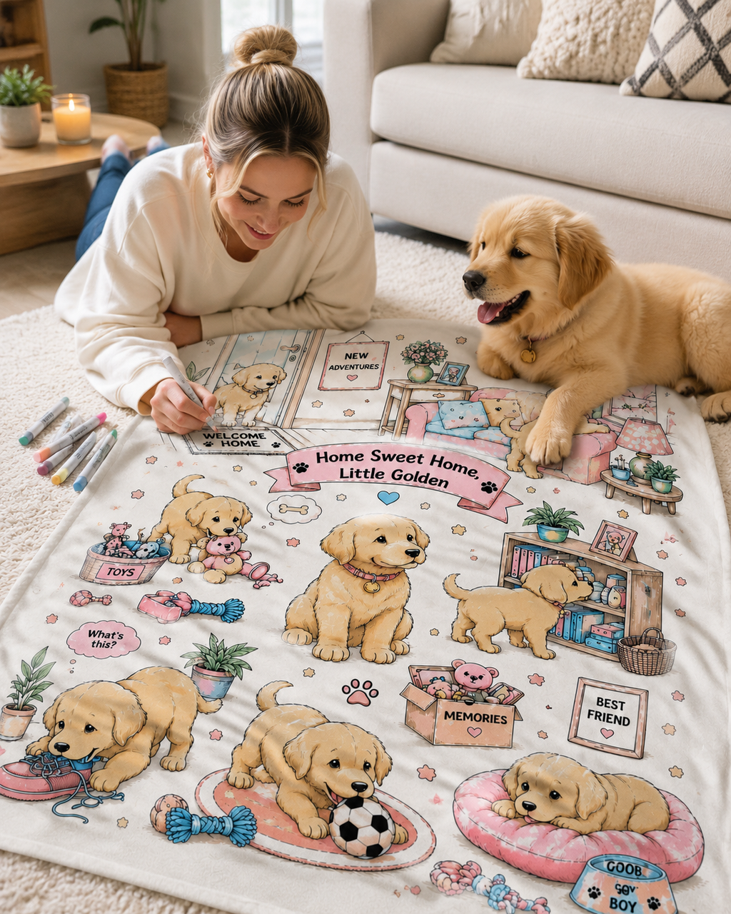 Welcome Home Little Golden — Adorable Puppy Adventure Velveteen Throw