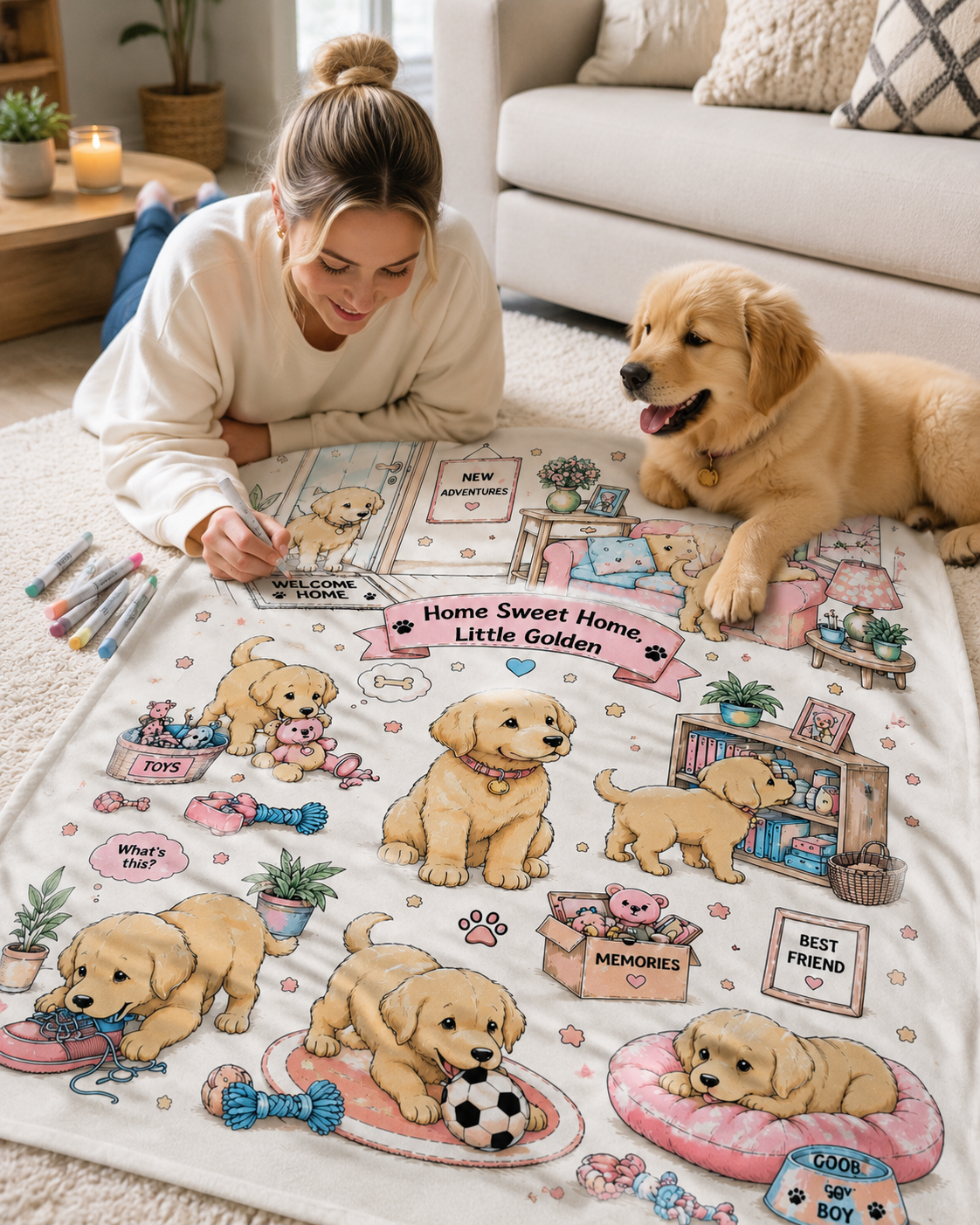 Welcome Home Little Golden — Adorable Puppy Adventure Velveteen Throw