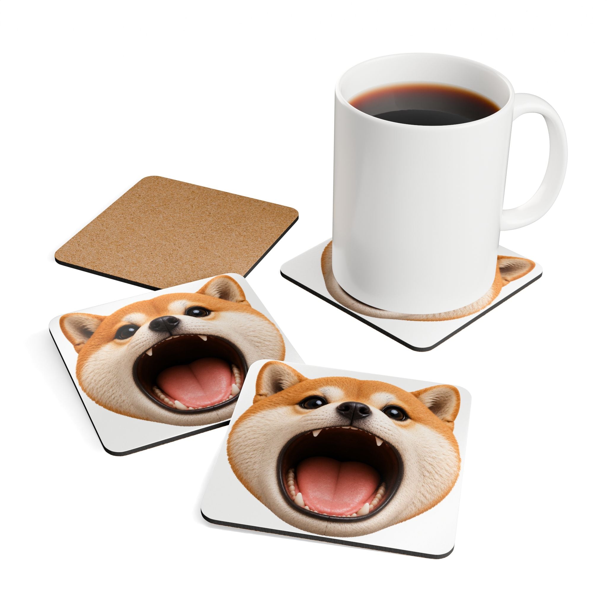 Shiba Inu Yawn Cork Coaster Set — Cute Dog Drink Coasters (4-Pack)