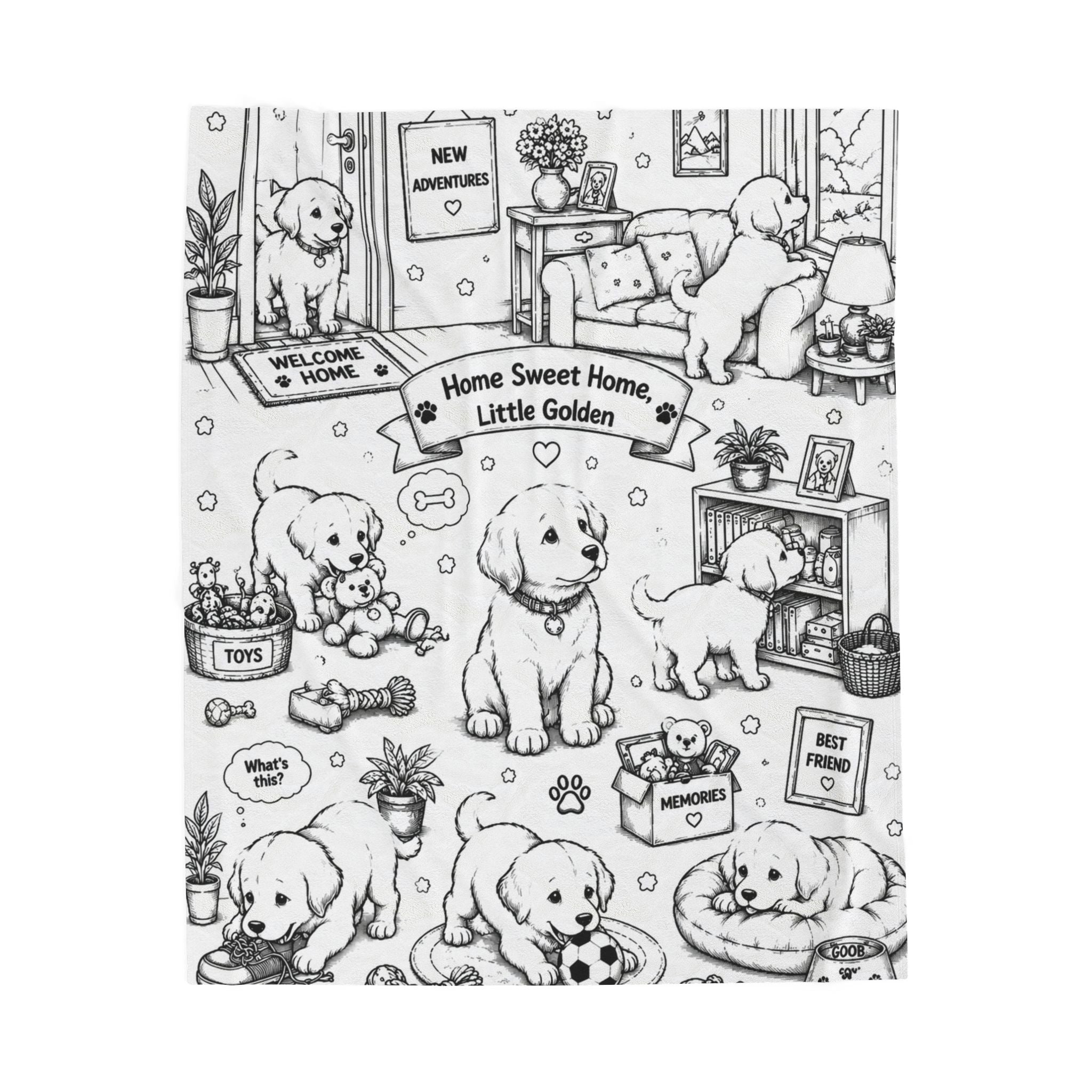 Welcome Home Little Golden — Adorable Puppy Adventure Velveteen Throw
